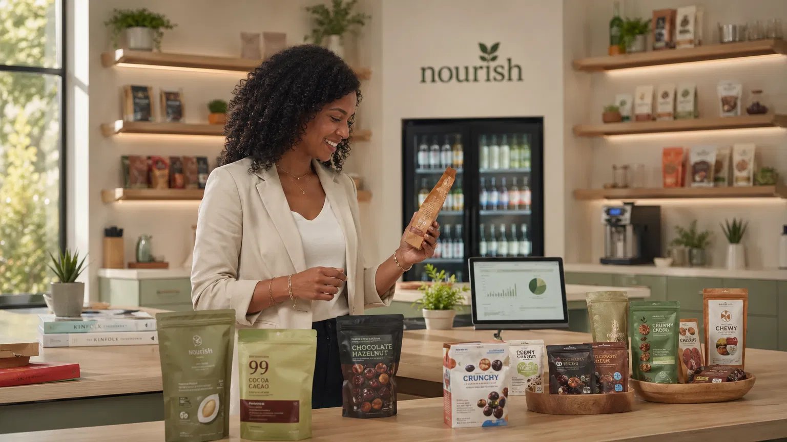 Food innovation expert reviewing products in a corporate microkitchen